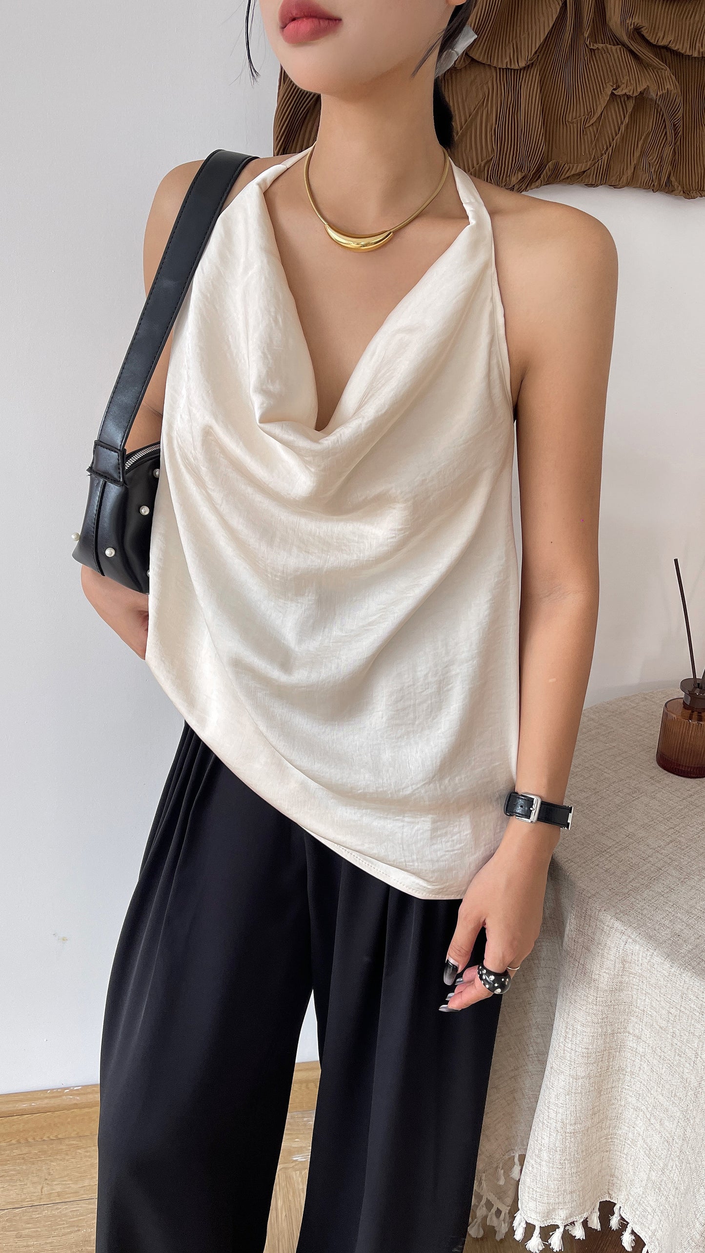 Sammi Satin Ease Halter Top - White / Black Elegant