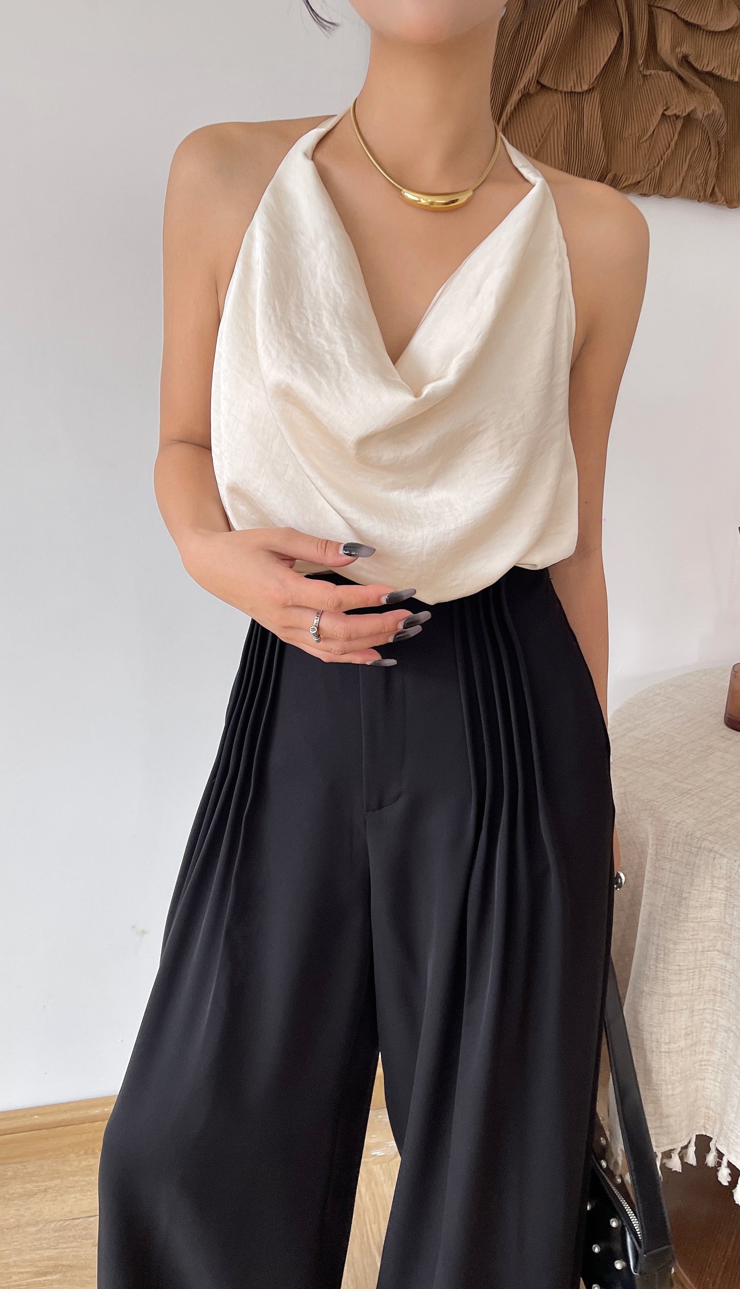 Sammi Satin Ease Halter Top - White / Black Elegant