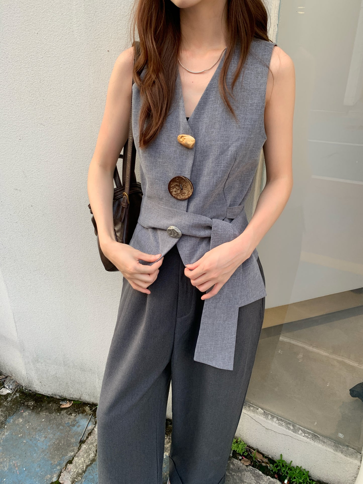 Ferrah Charm Button Down Vest - Blue / Khakis