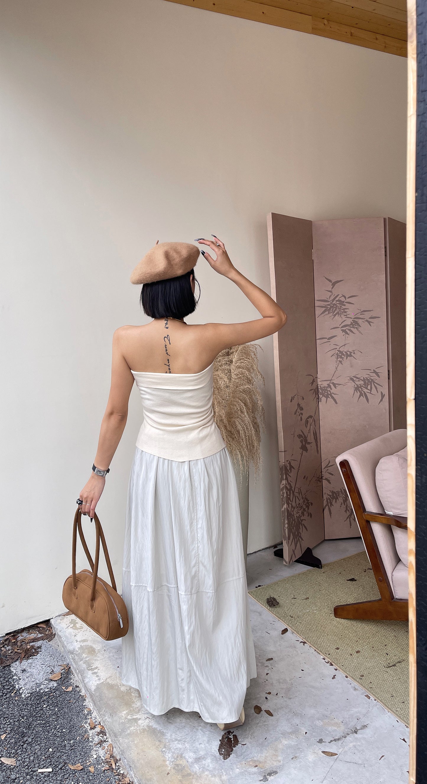 Sacha Women's Flowy Maxi Skirt - Basic Plain Design - Charcoal Grey / Dusty White