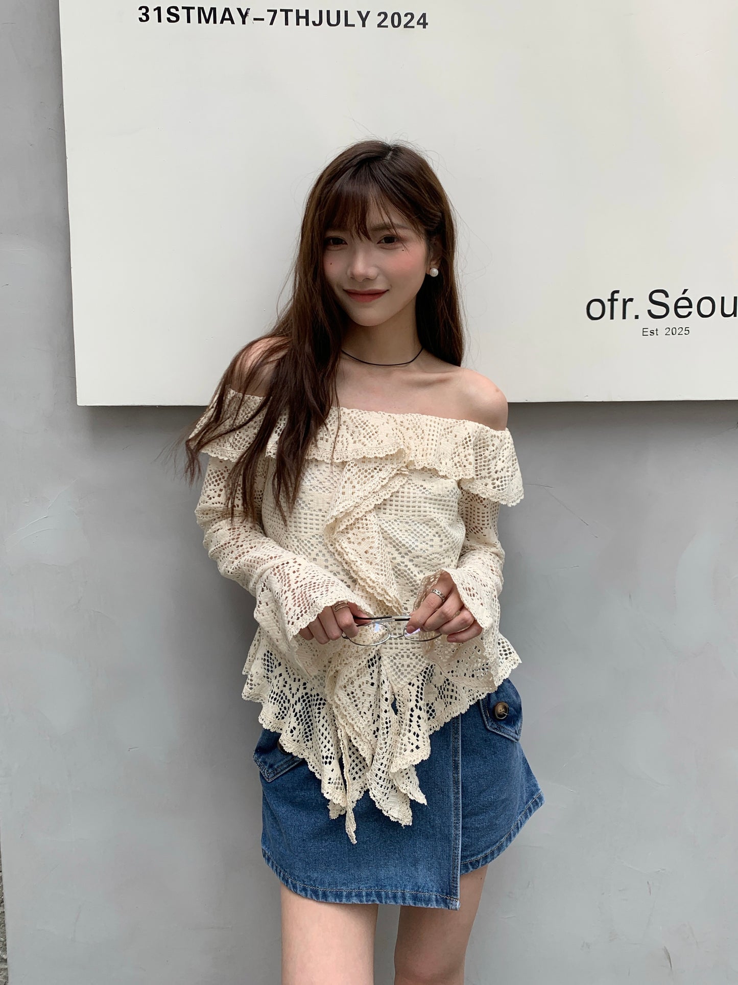 Arya Off Shoulder Lace Crochet Top with Ruffles, Cream and Black