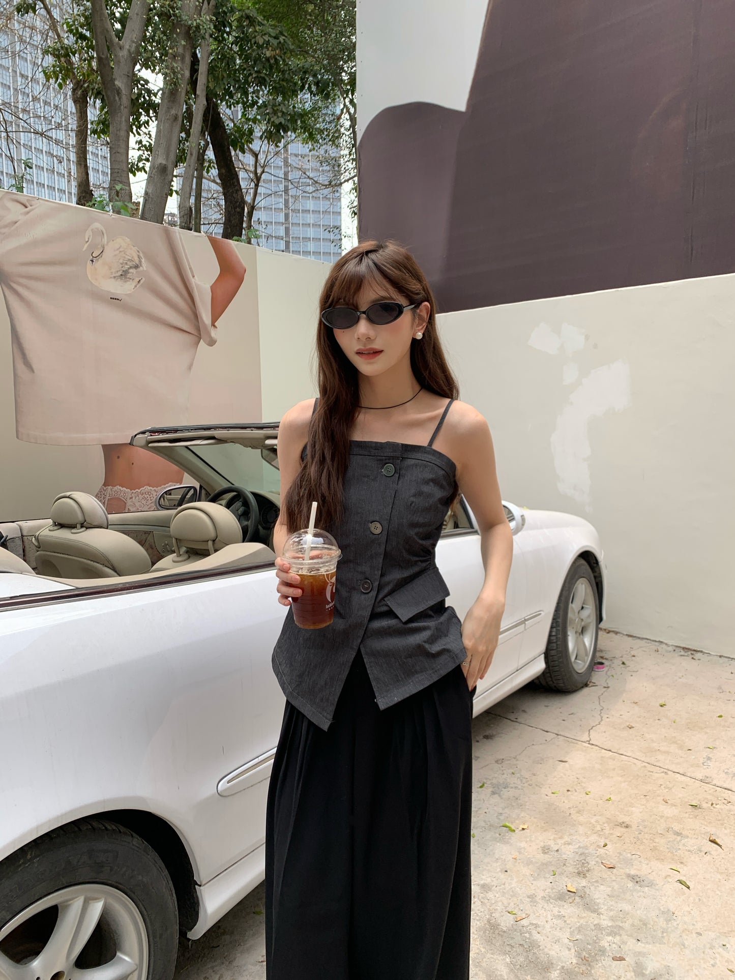 Archer Structured Button Down Tube Top with Asymmetric Closure and Large Statement Buttons