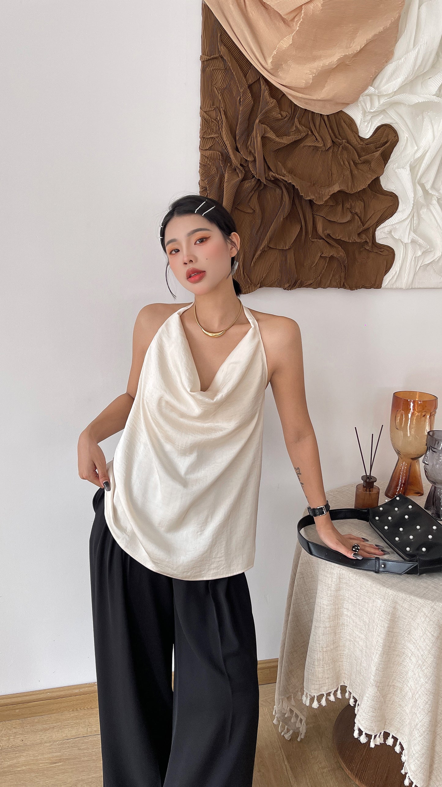 Sammi Satin Ease Halter Top - White / Black Elegant