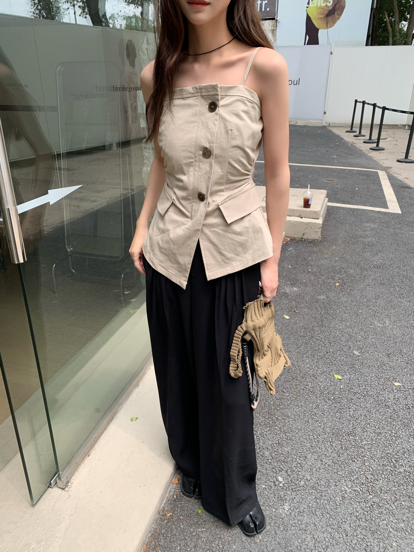 Archer Structured Button Down Tube Top with Asymmetric Closure and Large Statement Buttons