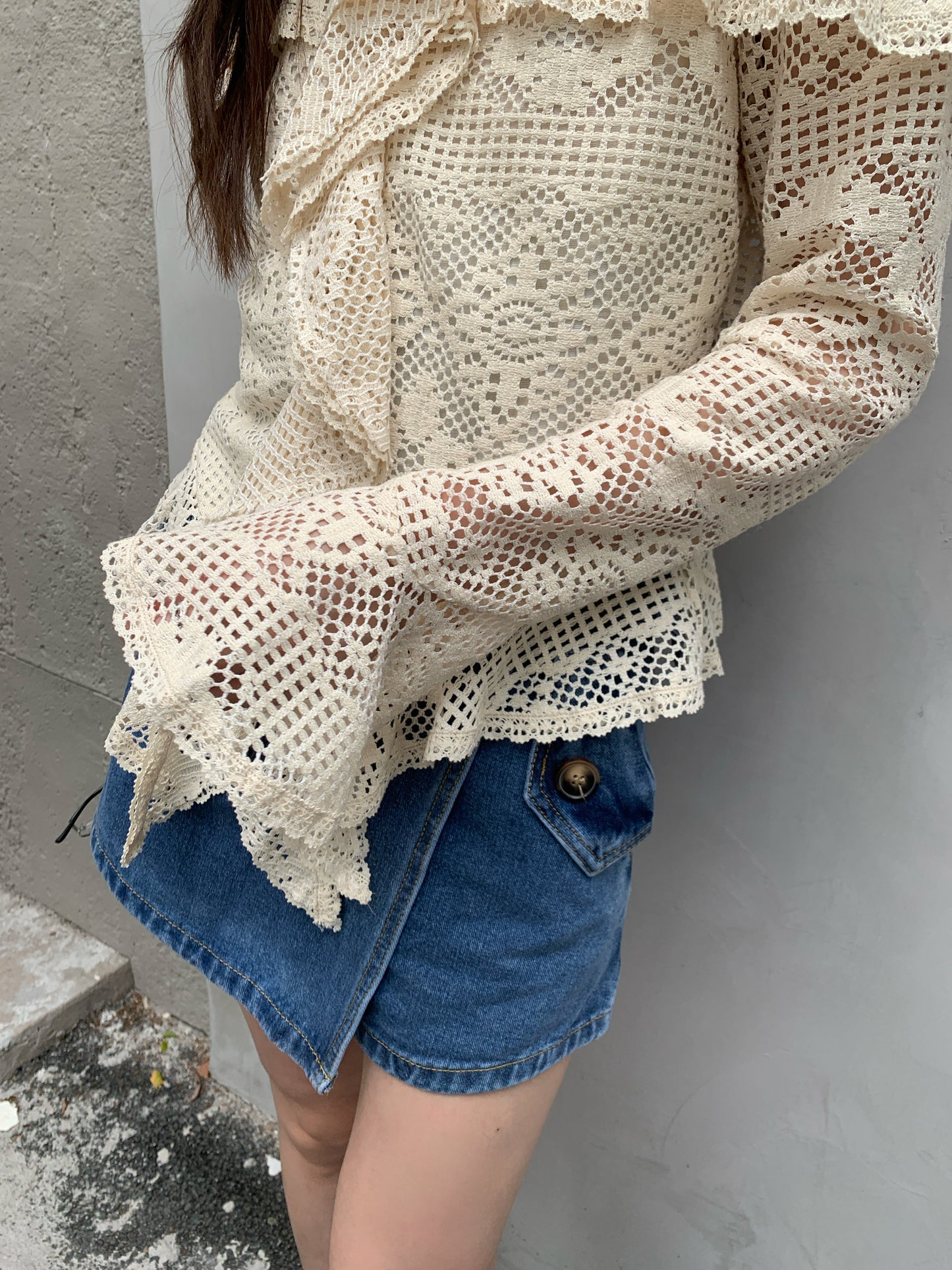 Arya Off Shoulder Lace Crochet Top with Ruffles, Cream and Black