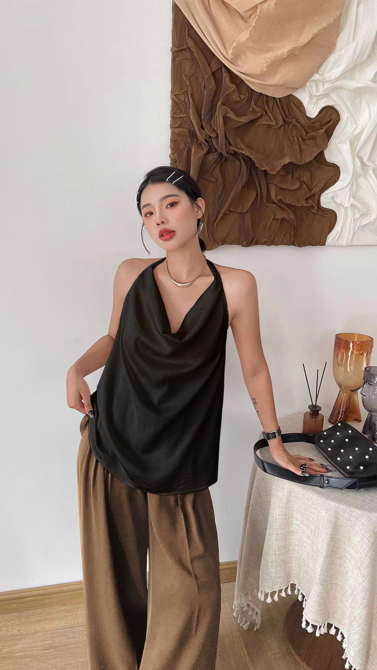 Sammi Satin Ease Halter Top - White / Black Elegant