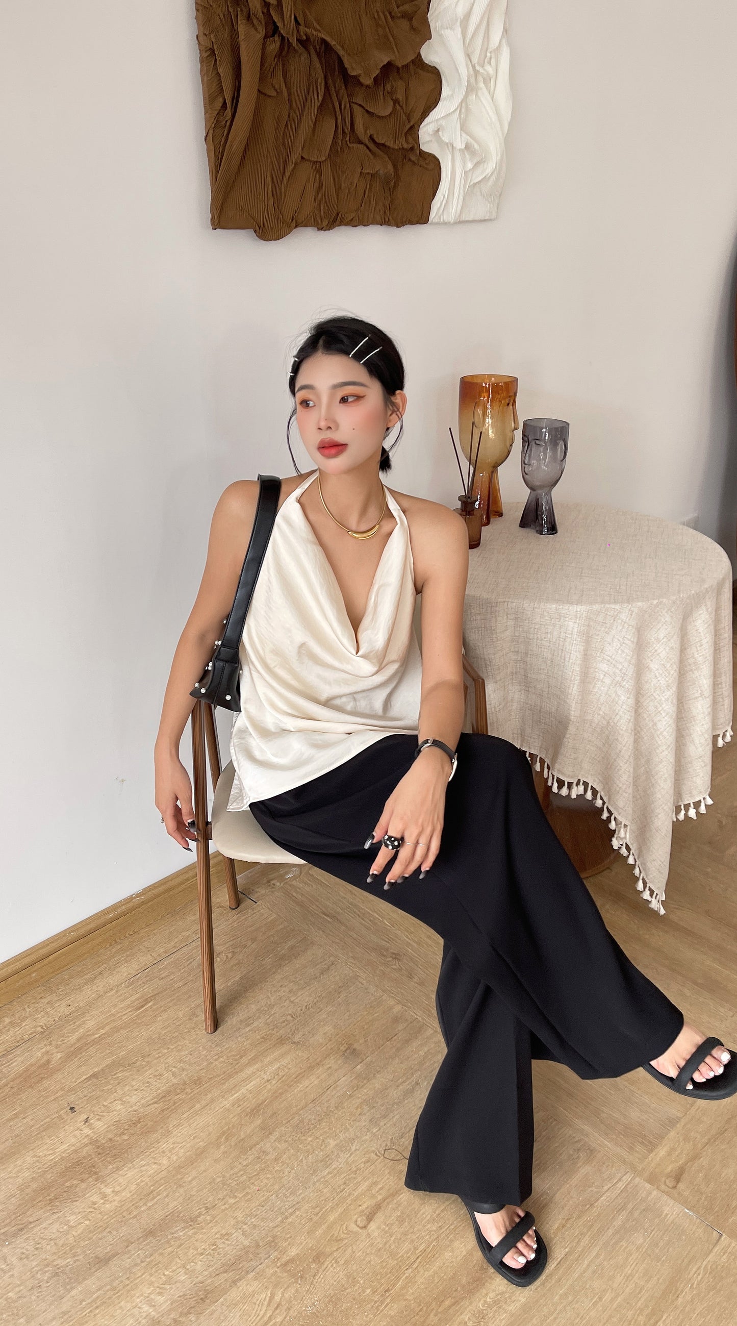 Sammi Satin Ease Halter Top - White / Black Elegant