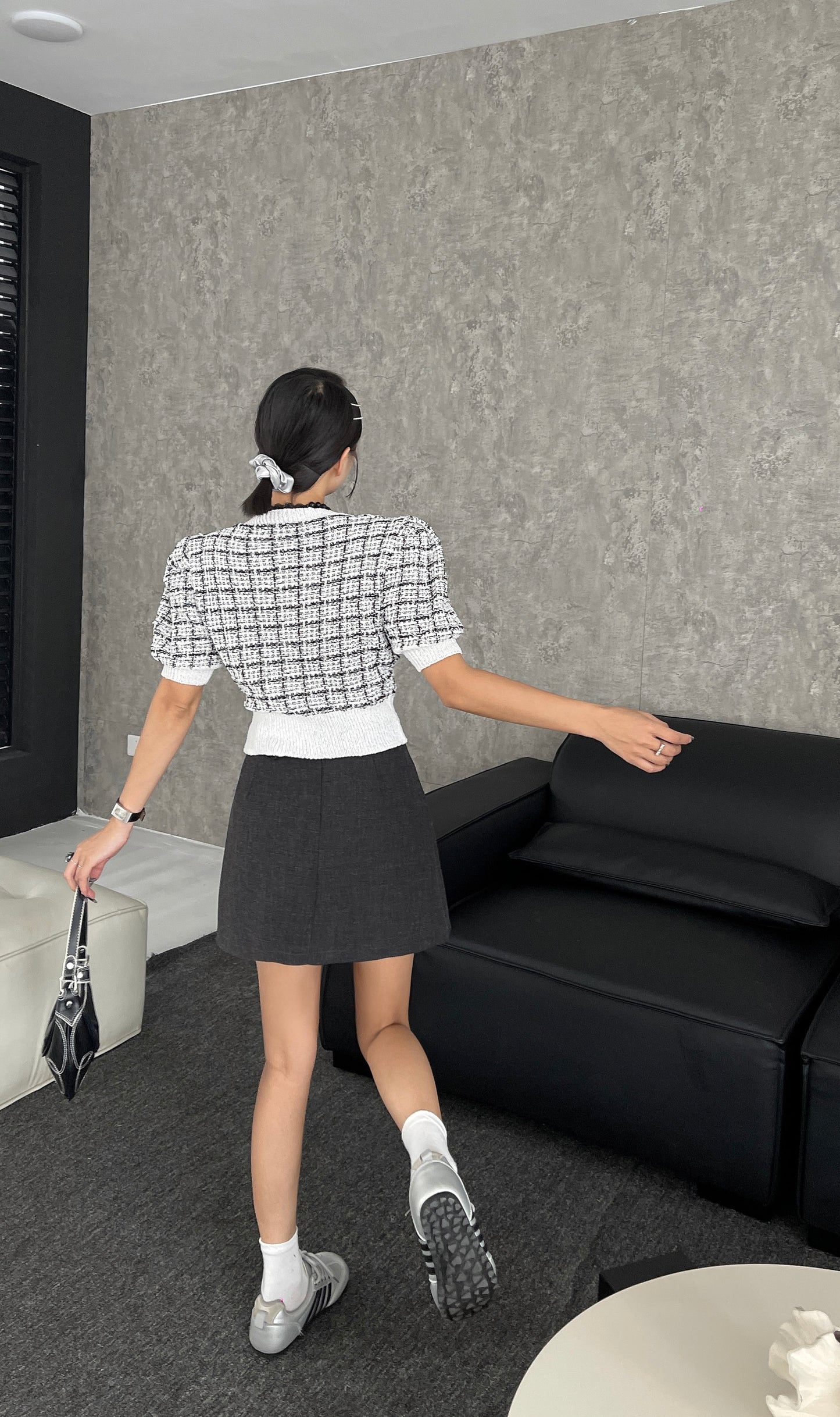 Sabel Timeless Tweed Knit Checkered Cardi Top - Black/ White