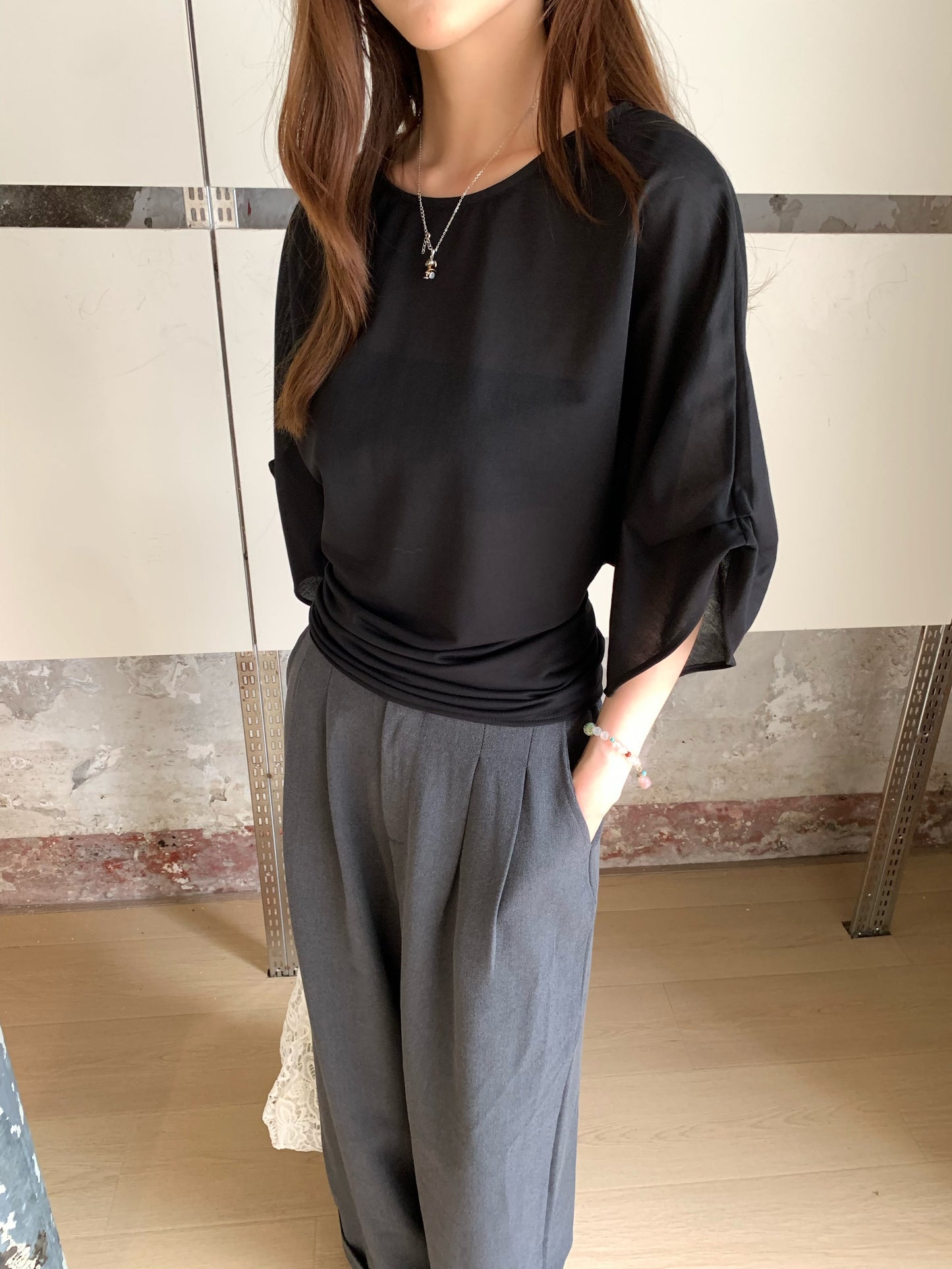 Fallon Plain Top Wrap Around Relaxed Blouse - Dolman Sleeves Soft Fabric Back Cutout Design Minimalist Contemporary Casual Chic