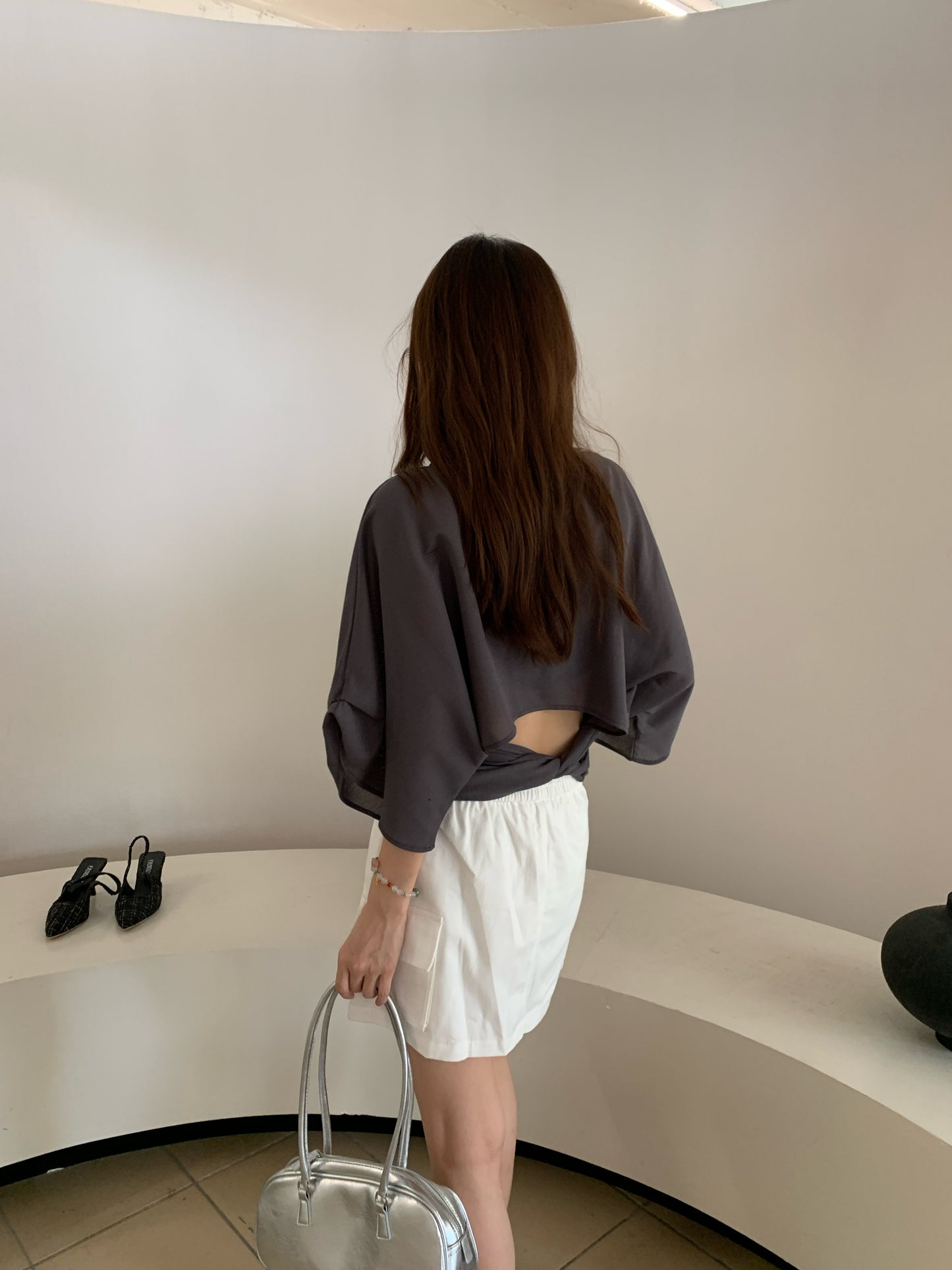 Fallon Plain Top Wrap Around Relaxed Blouse - Dolman Sleeves Soft Fabric Back Cutout Design Minimalist Contemporary Casual Chic
