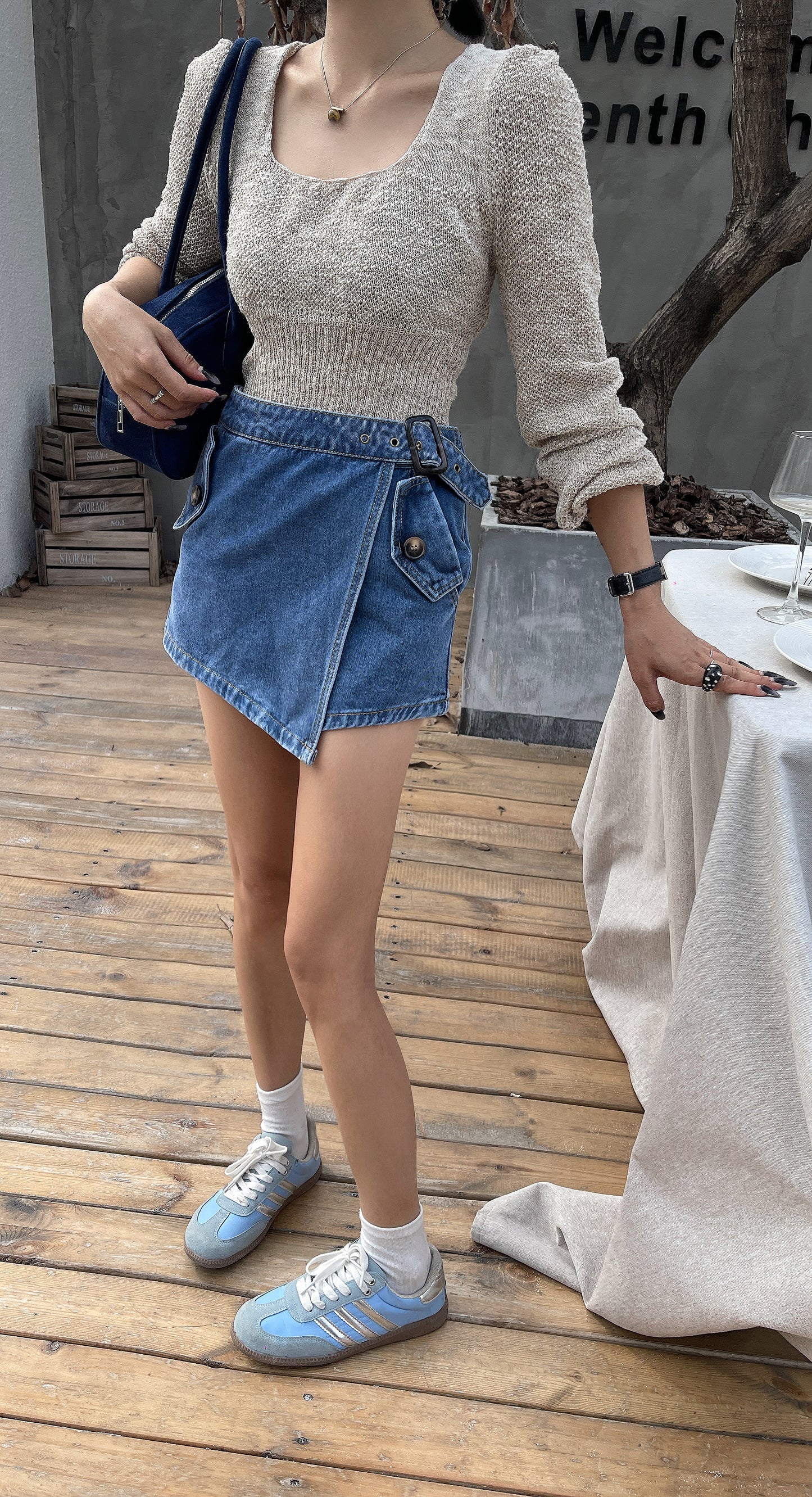 Sacha Denim Asymmetrical Buckle Mini Skort