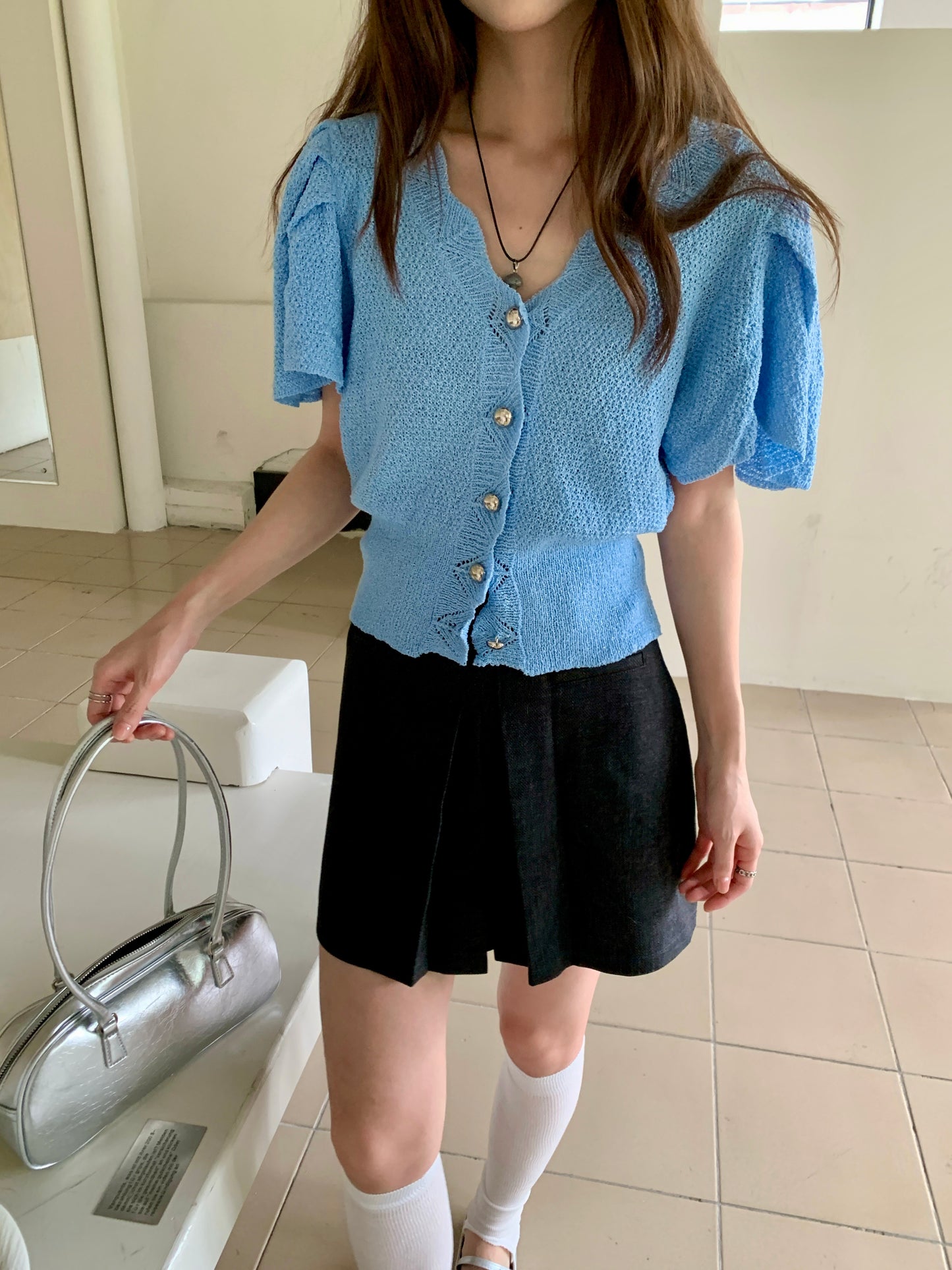 Sevyn Sweetheart Neckline Knit Cardigan Top - blue / black