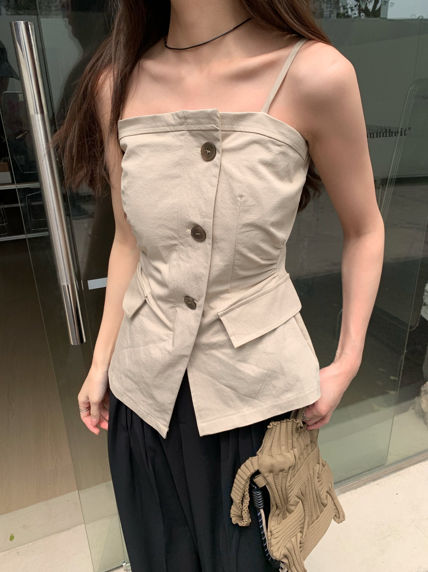 Archer Structured Button Down Tube Top with Asymmetric Closure and Large Statement Buttons