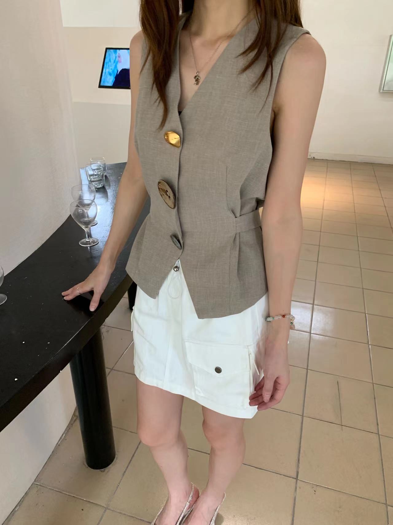 Ferrah Charm Button Down Vest - Blue / Khakis