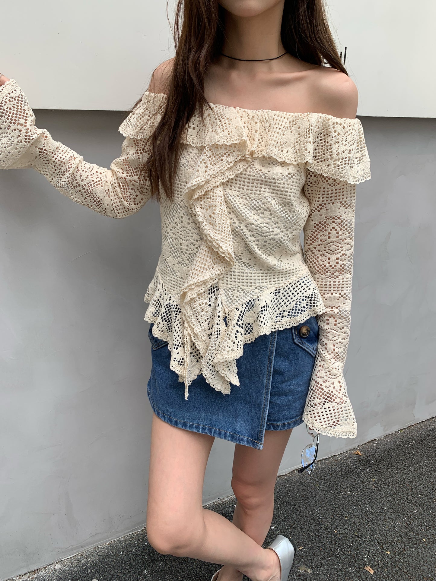 Arya Off Shoulder Lace Crochet Top with Ruffles, Cream and Black
