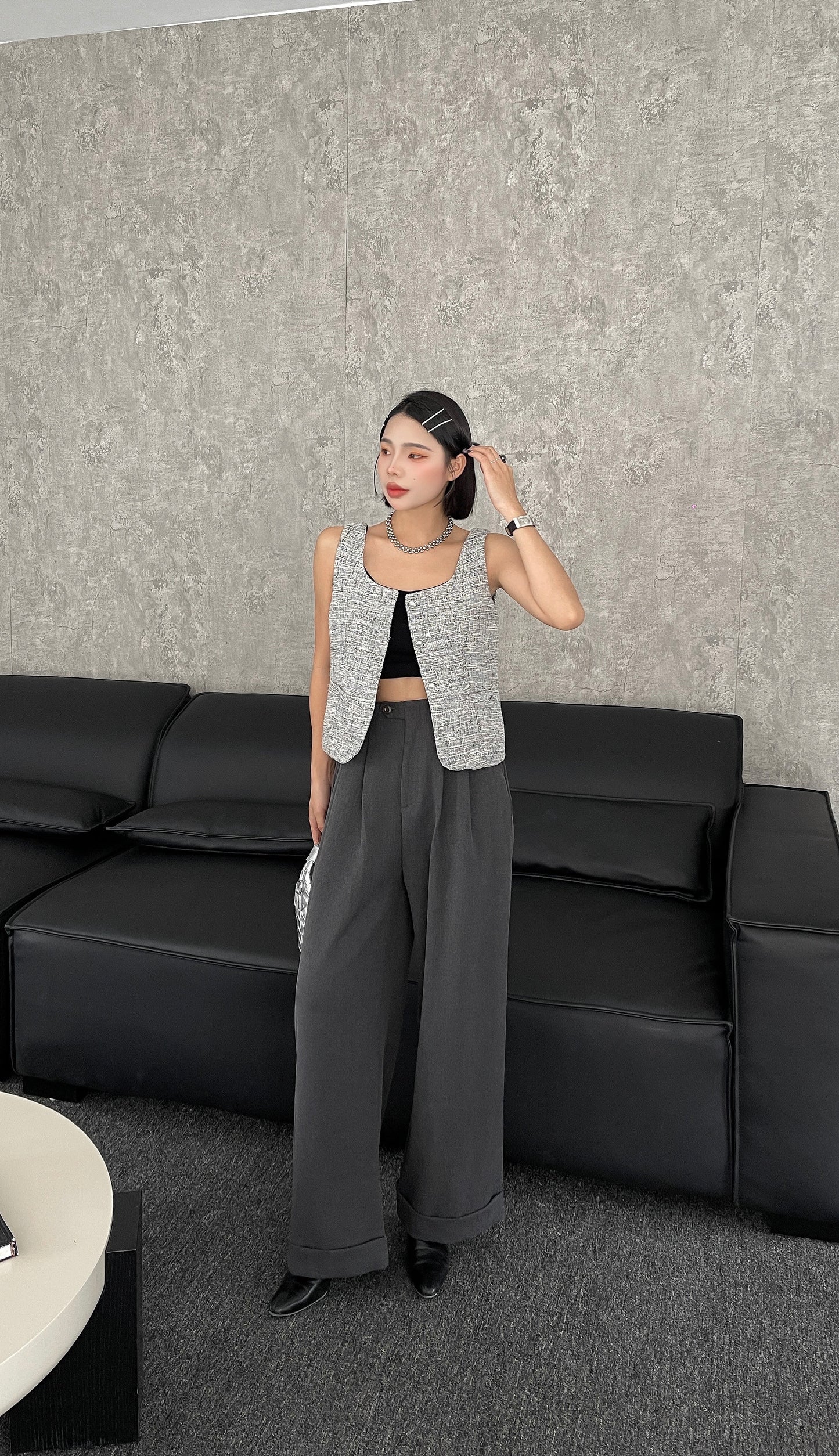 Sabri Structured Button Down Vest Top - White/ Grey