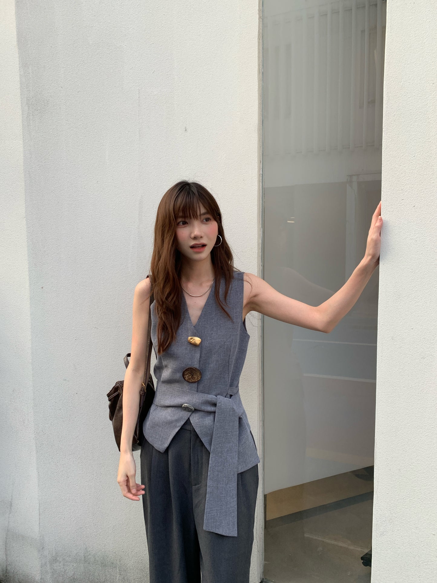 Ferrah Charm Button Down Vest - Blue / Khakis