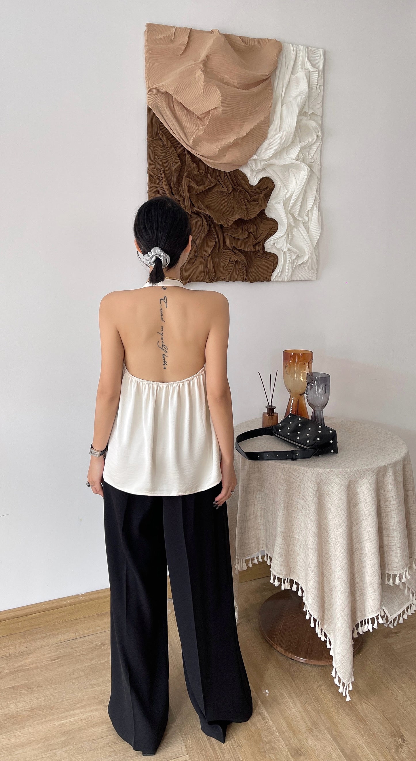 Sammi Satin Ease Halter Top - White / Black Elegant
