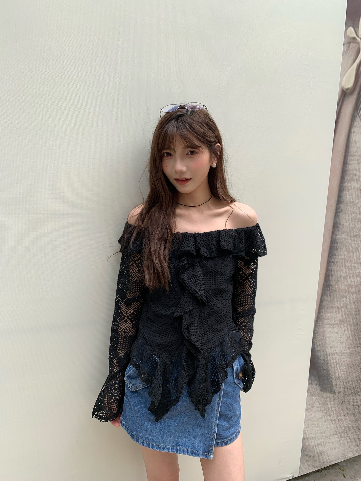 Arya Off Shoulder Lace Crochet Top with Ruffles, Cream and Black