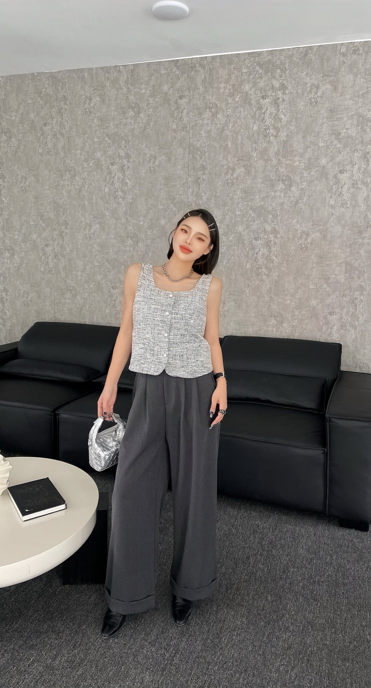 Sabri Structured Button Down Vest Top - White/ Grey