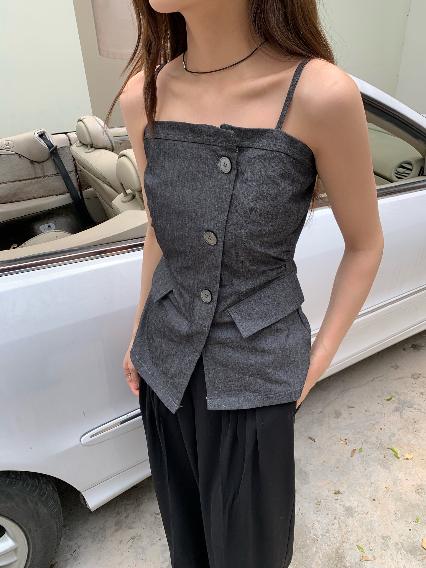 Archer Structured Button Down Tube Top with Asymmetric Closure and Large Statement Buttons