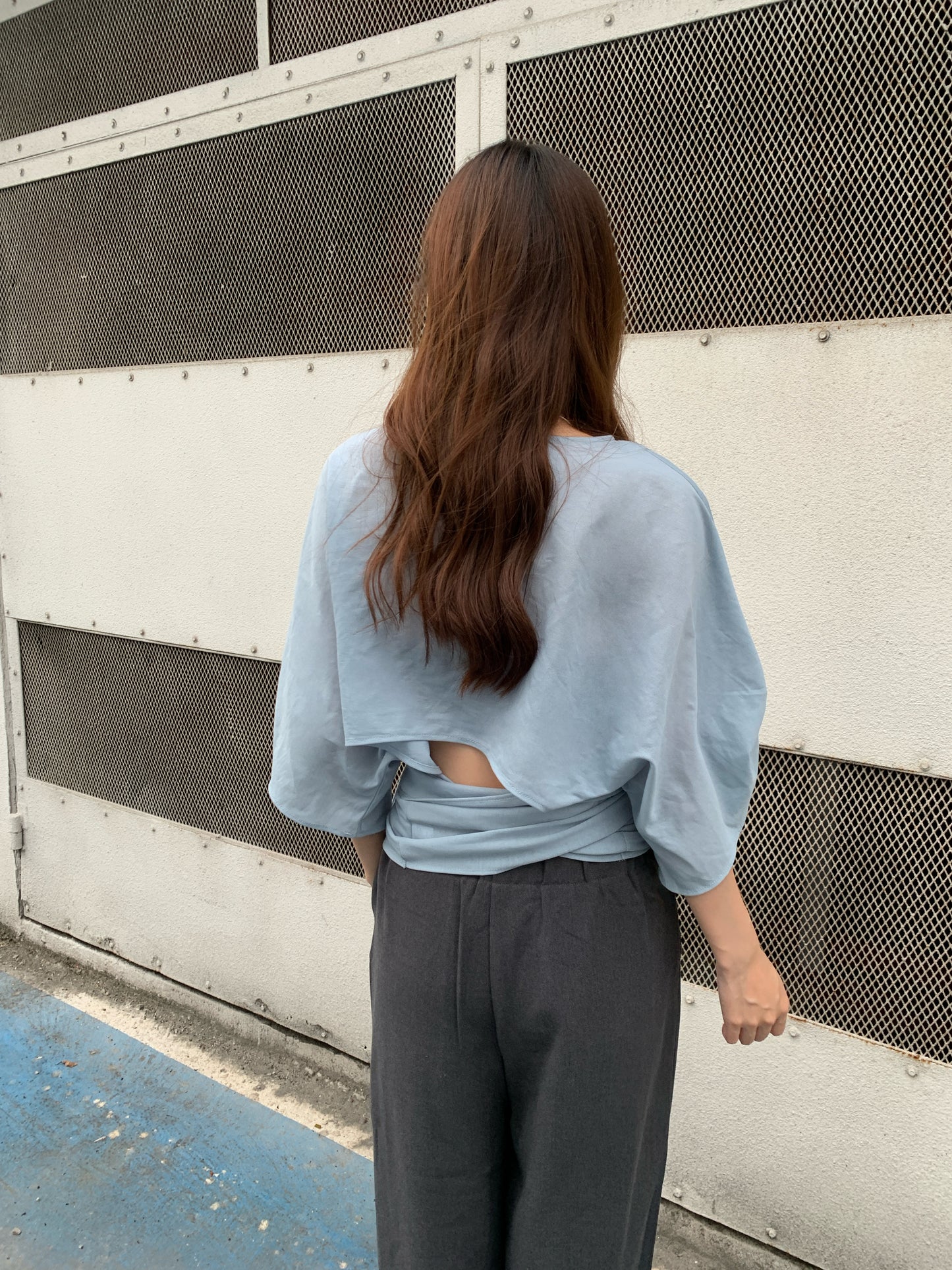 Fallon Plain Top Wrap Around Relaxed Blouse - Dolman Sleeves Soft Fabric Back Cutout Design Minimalist Contemporary Casual Chic