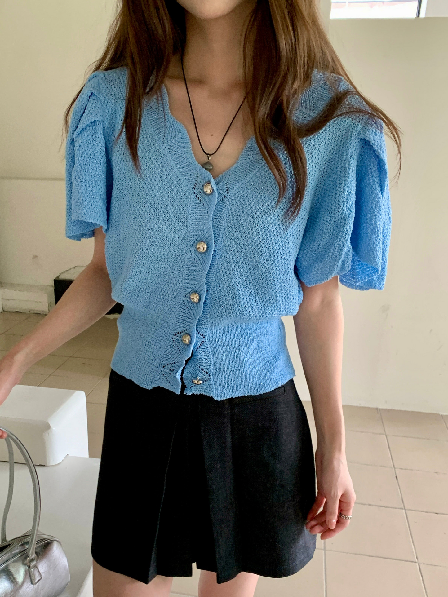 Sevyn Sweetheart Neckline Knit Cardigan Top - blue / black