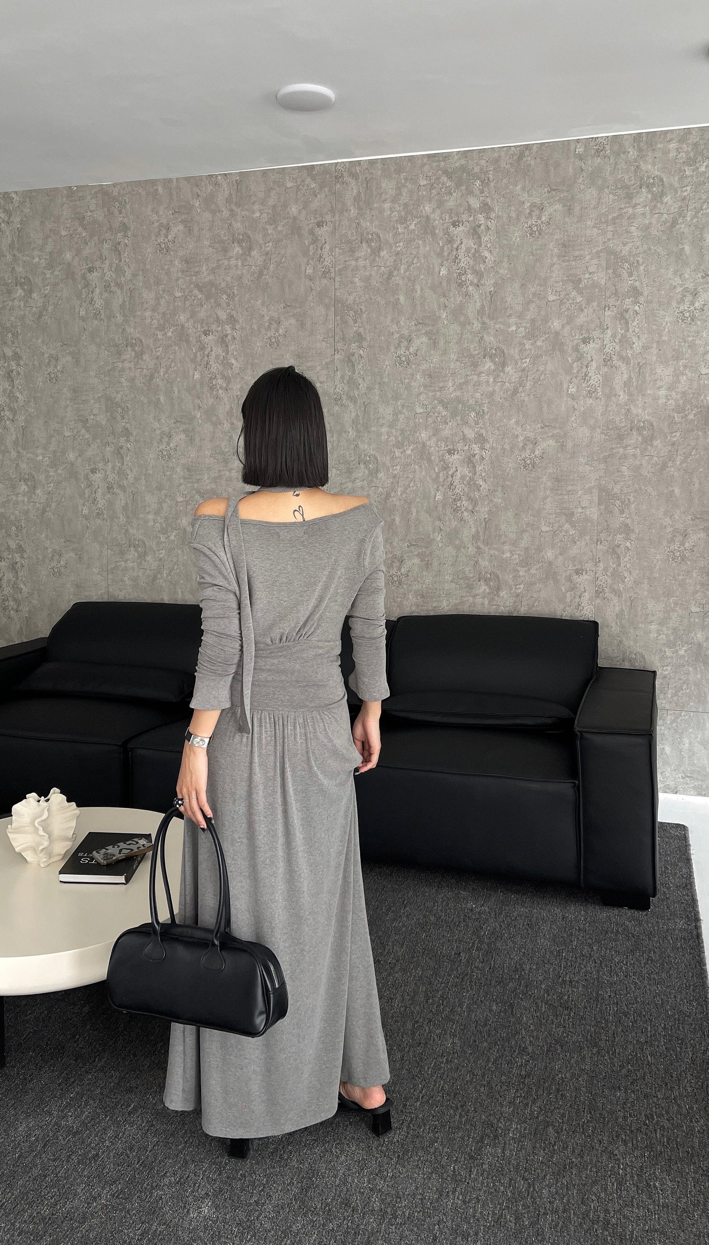 Sable Off Shoulder Cotton Dress - Black / Grey