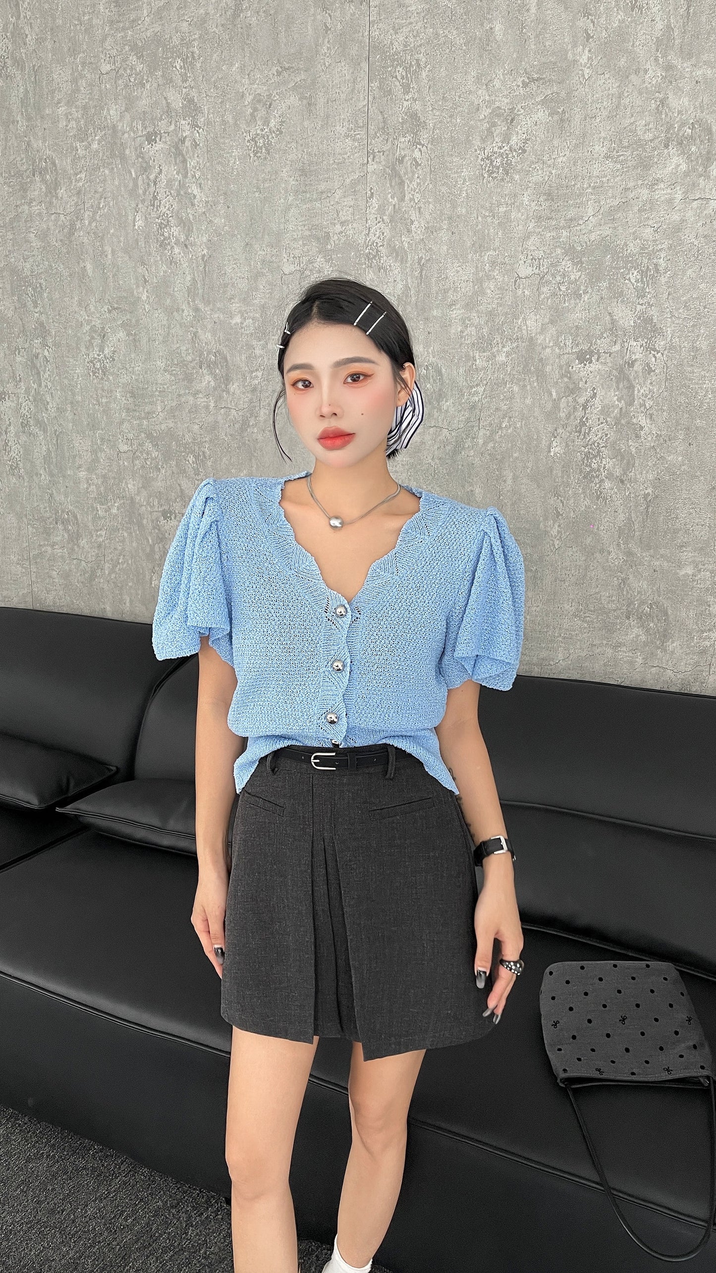Sevyn Sweetheart Neckline Knit Cardigan Top - blue / black