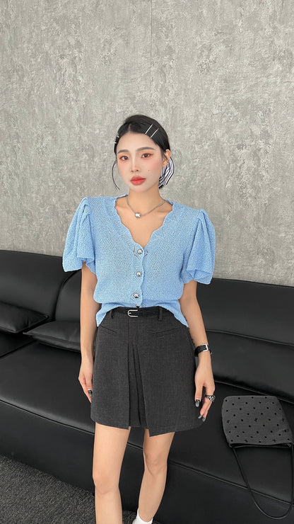 Sevyn Sweetheart Neckline Knit Cardigan Top - blue / black
