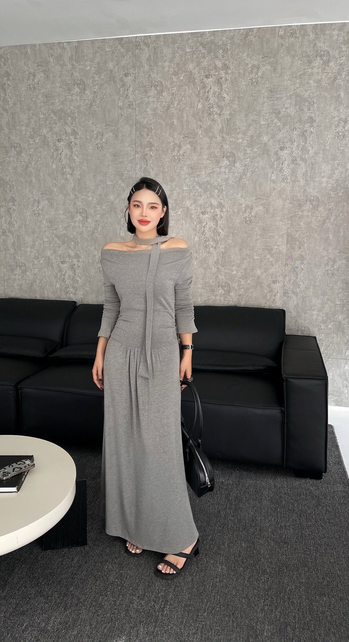 Sable Off Shoulder Cotton Dress - Black / Grey