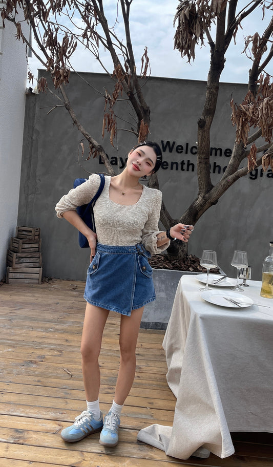Sacha Denim  Asymmetrical Buckle  Mini Skort