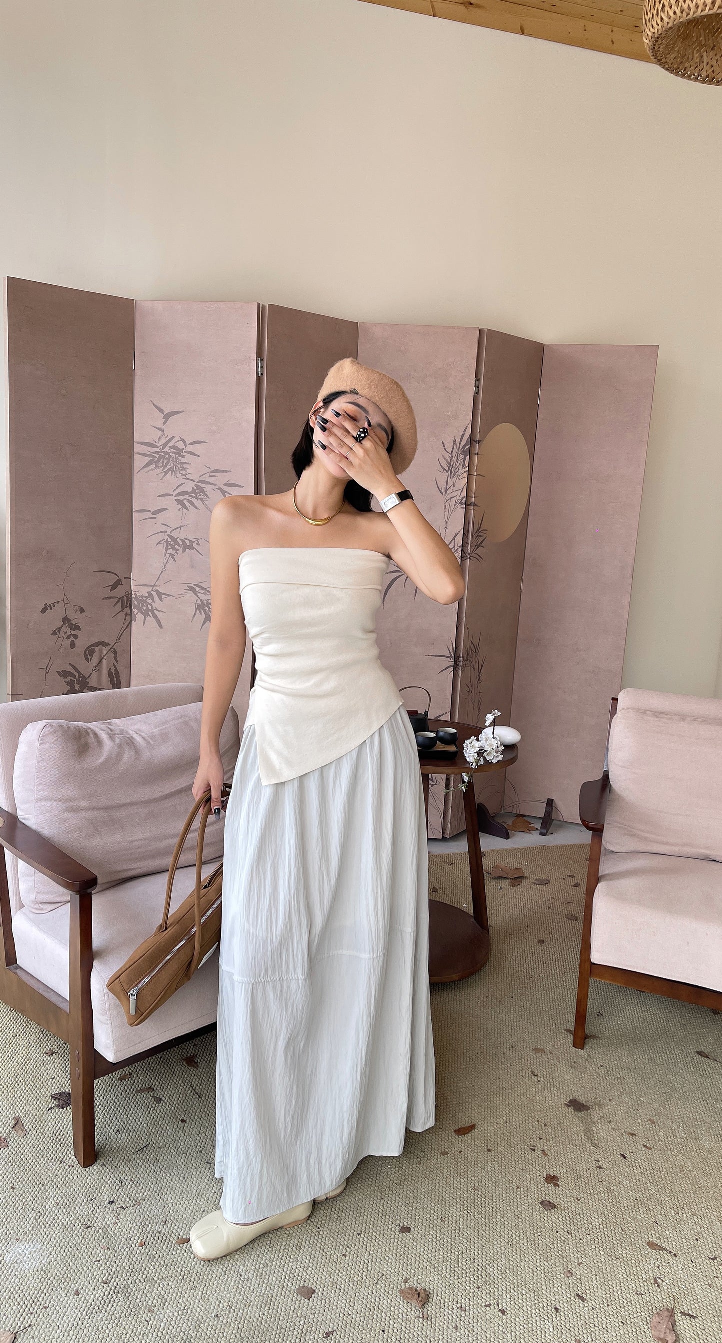 Sanya Asymmetrical Tube Chic Top - Cream / Black