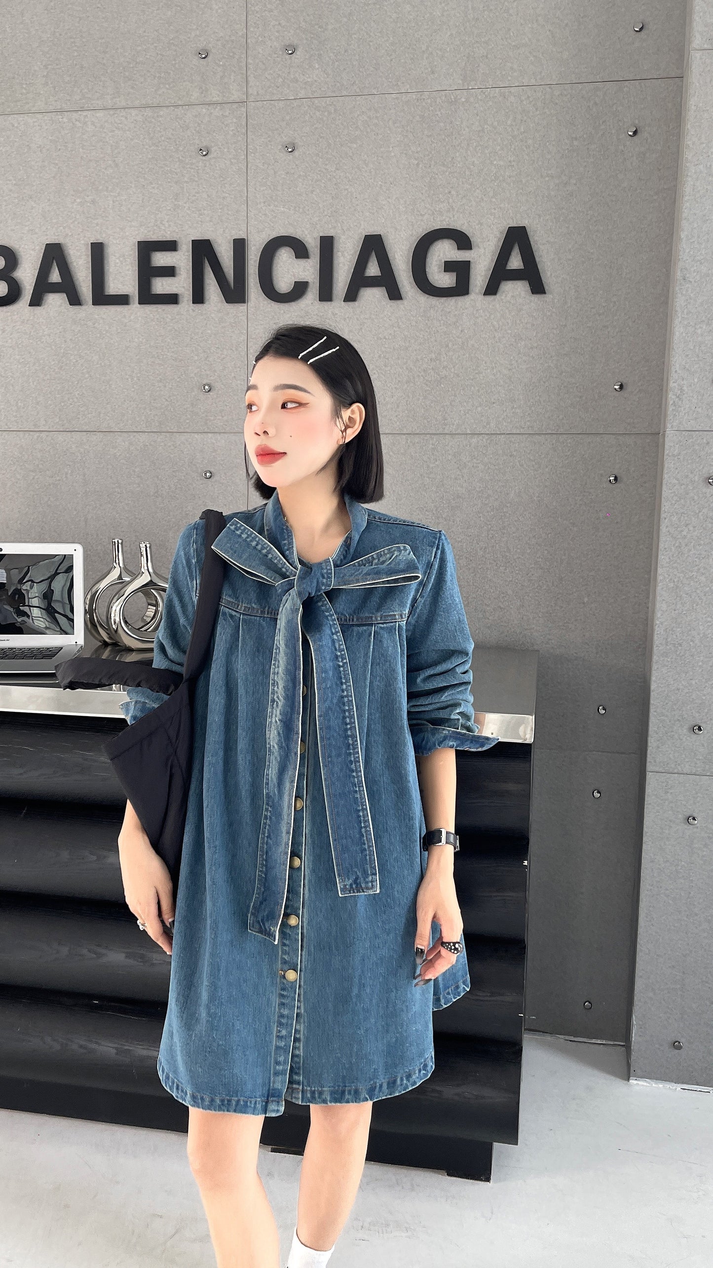 Shan Casual Denim Shirt Dress with Oversized Fit and Bow Neckline- Long Sleeve