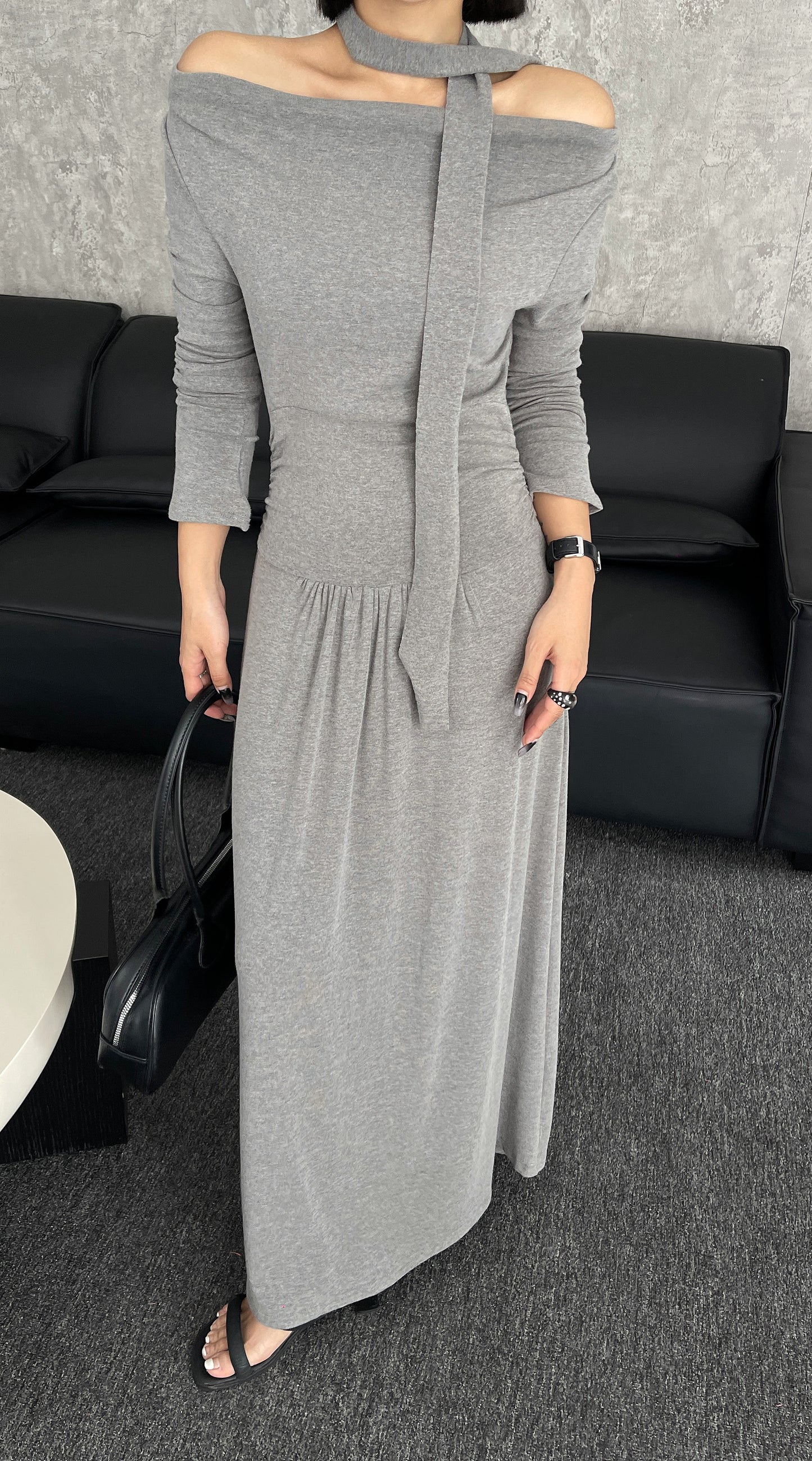 Sable Off Shoulder Cotton Dress - Black / Grey