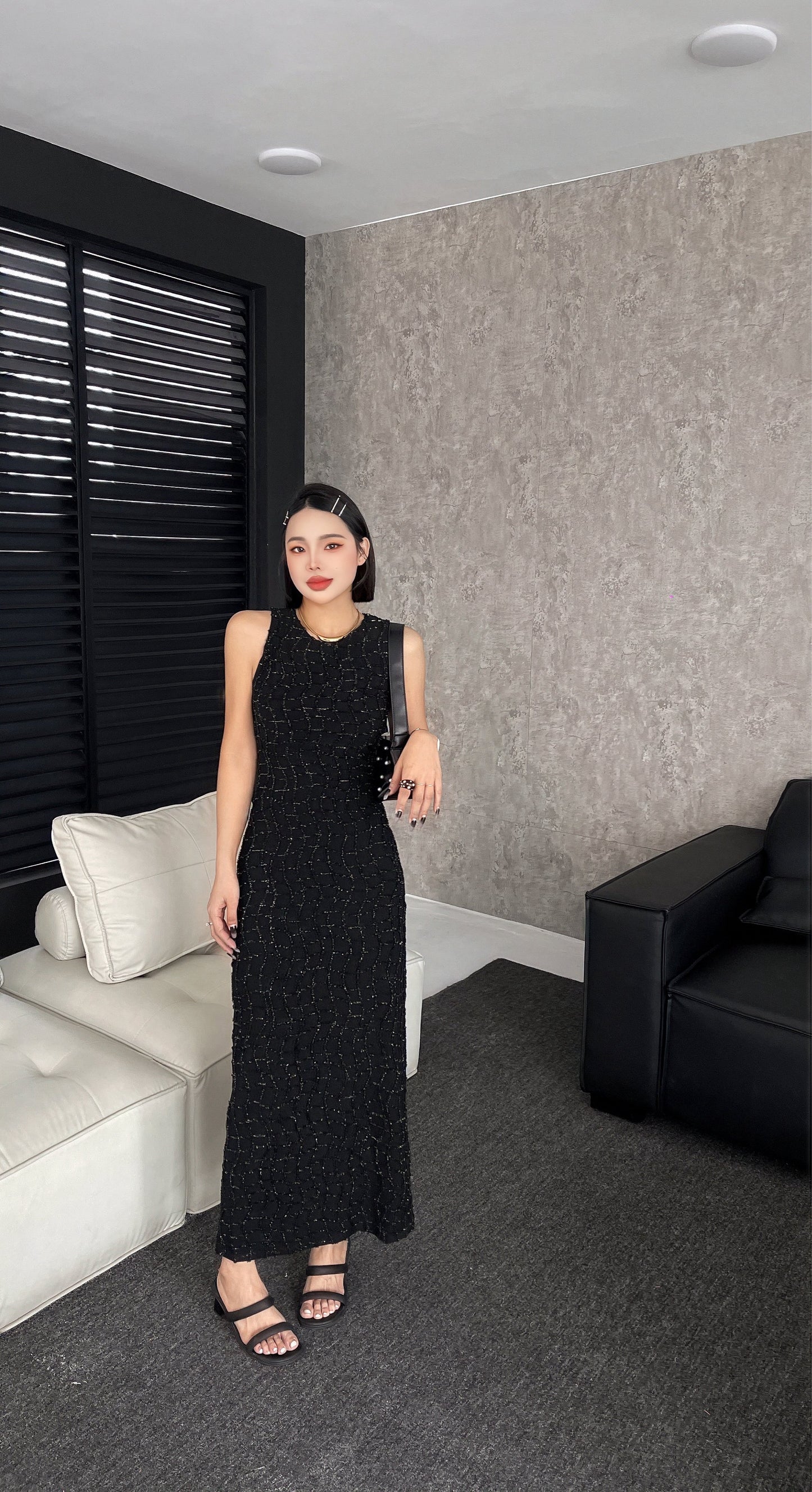 Sadler Sleeveless Textured Glitter Midi Dress - Black / Ivory