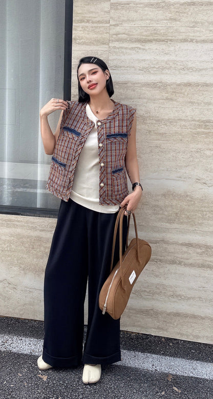 Sage Sleeveless Plaid Vest - Brown Earth with Denim Style