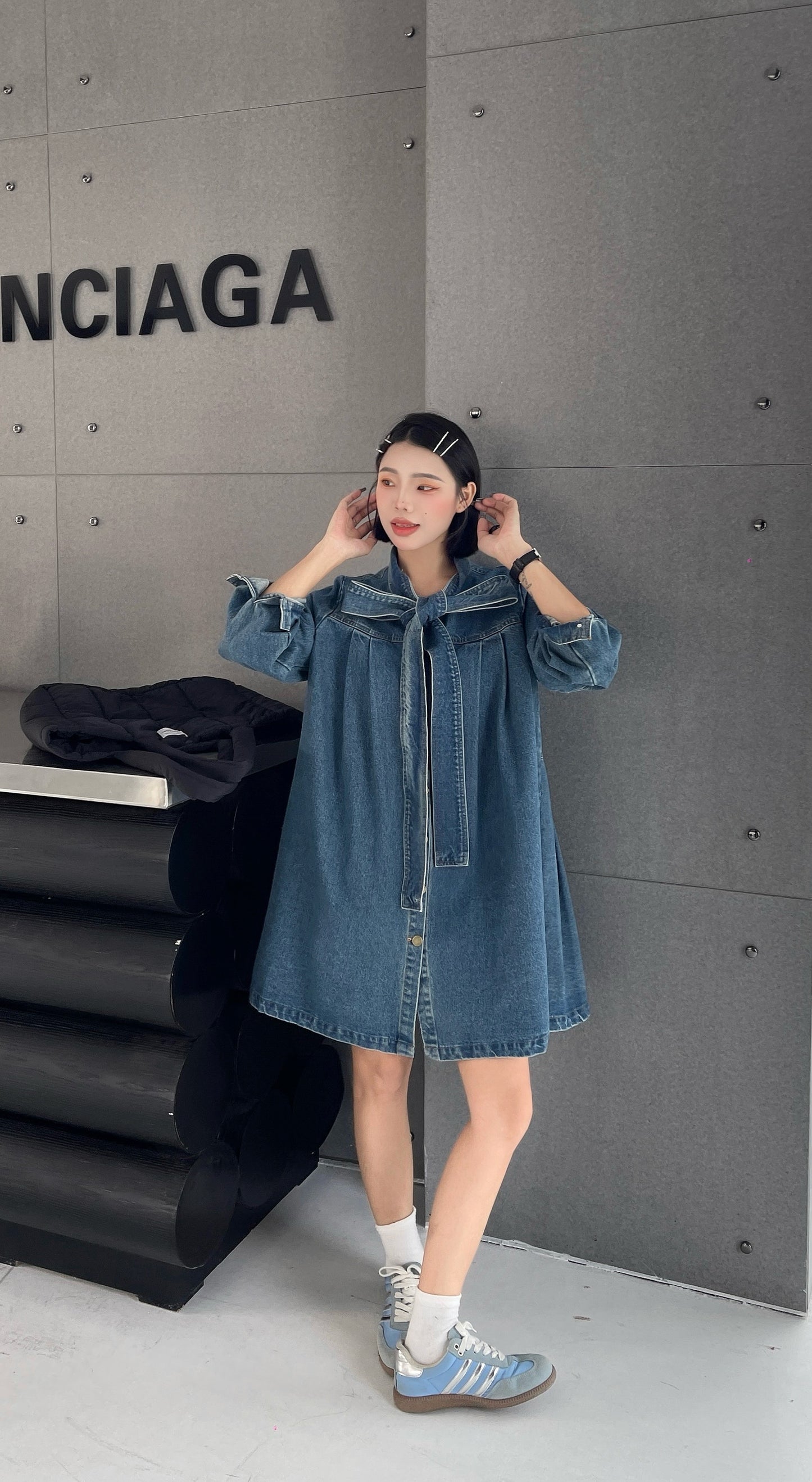 Shan Casual Denim Shirt Dress with Oversized Fit and Bow Neckline- Long Sleeve