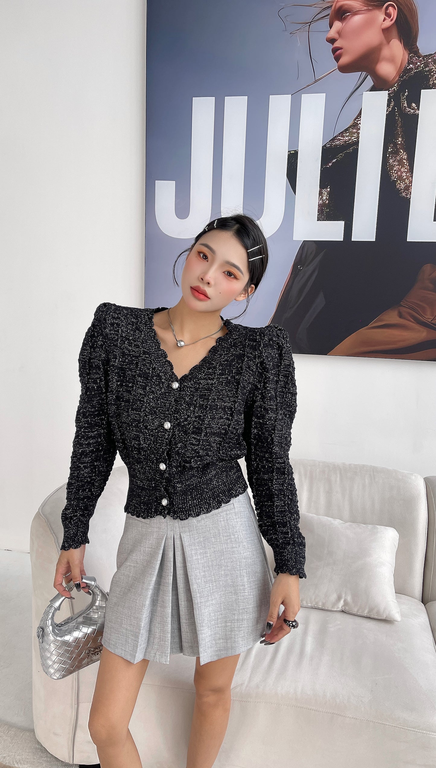 Sabiny Long Sleeve Thin Knit Glitter  Cardigan Top - Black
