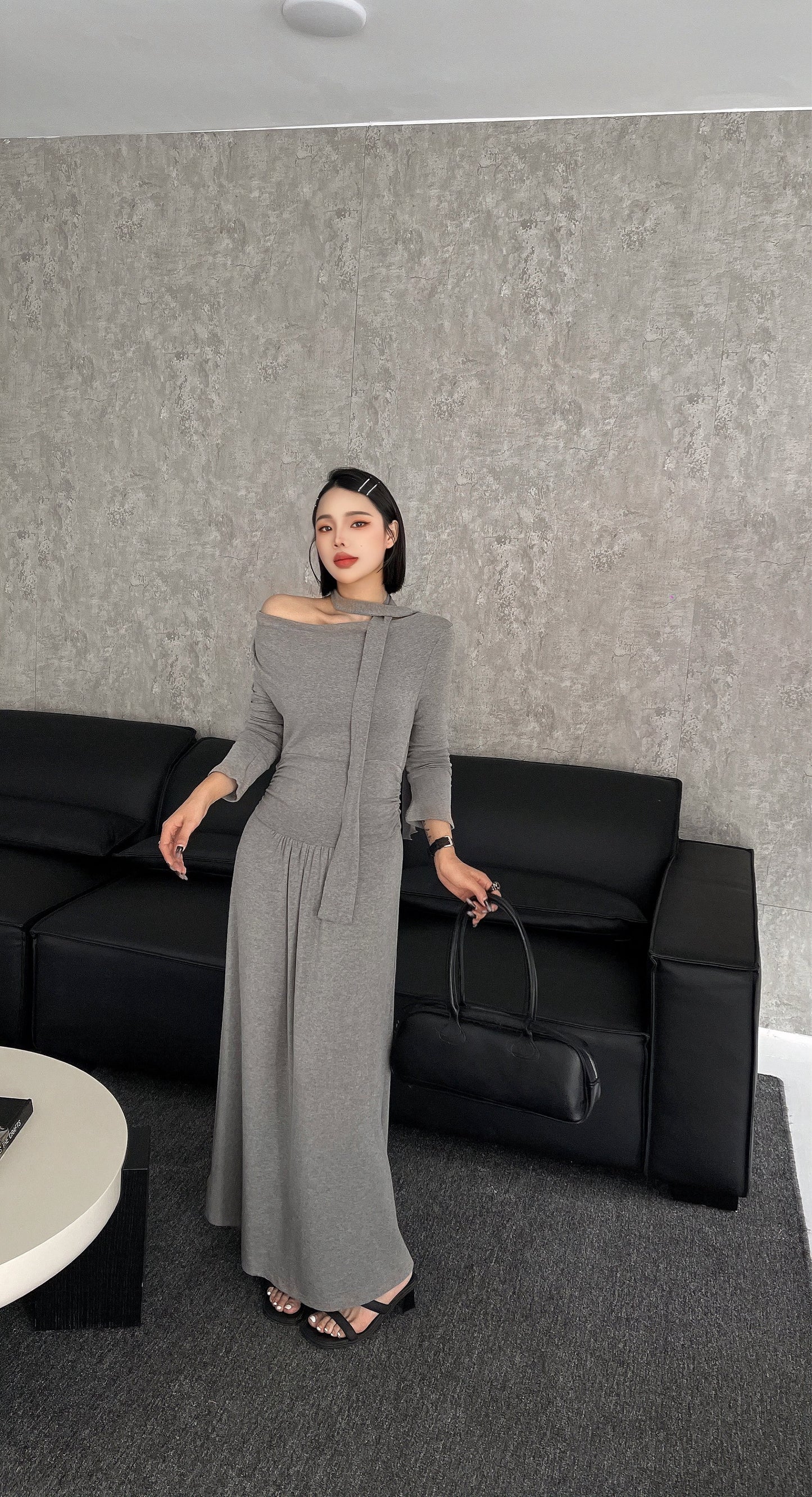 Sable Off Shoulder Cotton Dress - Black / Grey