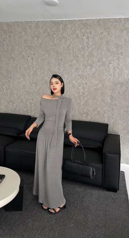 Sable Off Shoulder Cotton Dress - Black / Grey