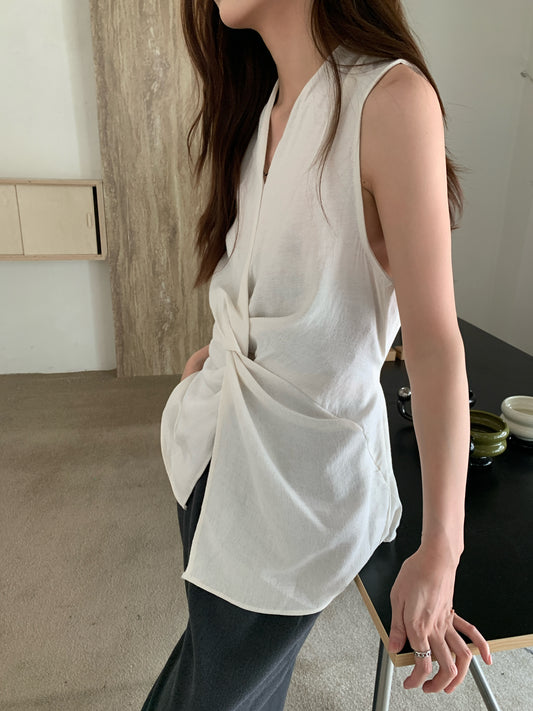 Aiden Sleeveless Linen Draped Twist Blouse