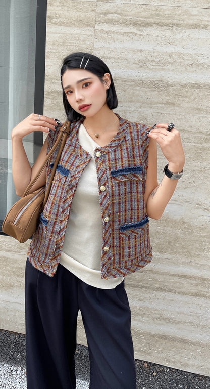 Sage Sleeveless Plaid Vest - Brown Earth with Denim Style