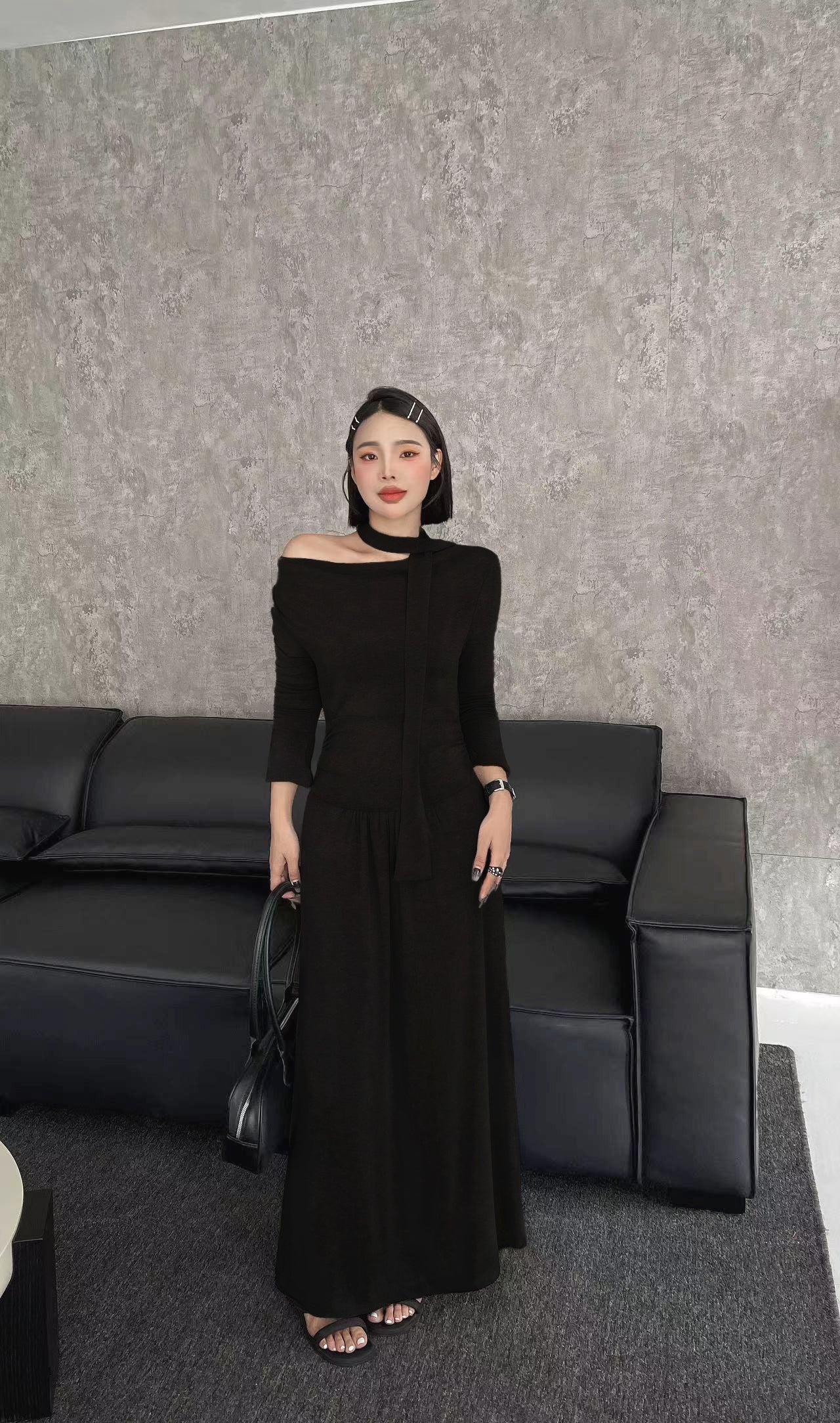 Sable Off Shoulder Cotton Dress - Black / Grey