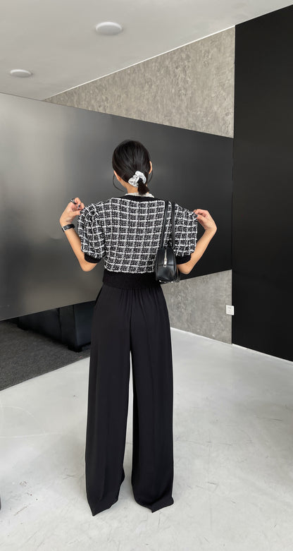 Sabel Timeless Tweed Knit Checkered Cardi Top - Black/ White