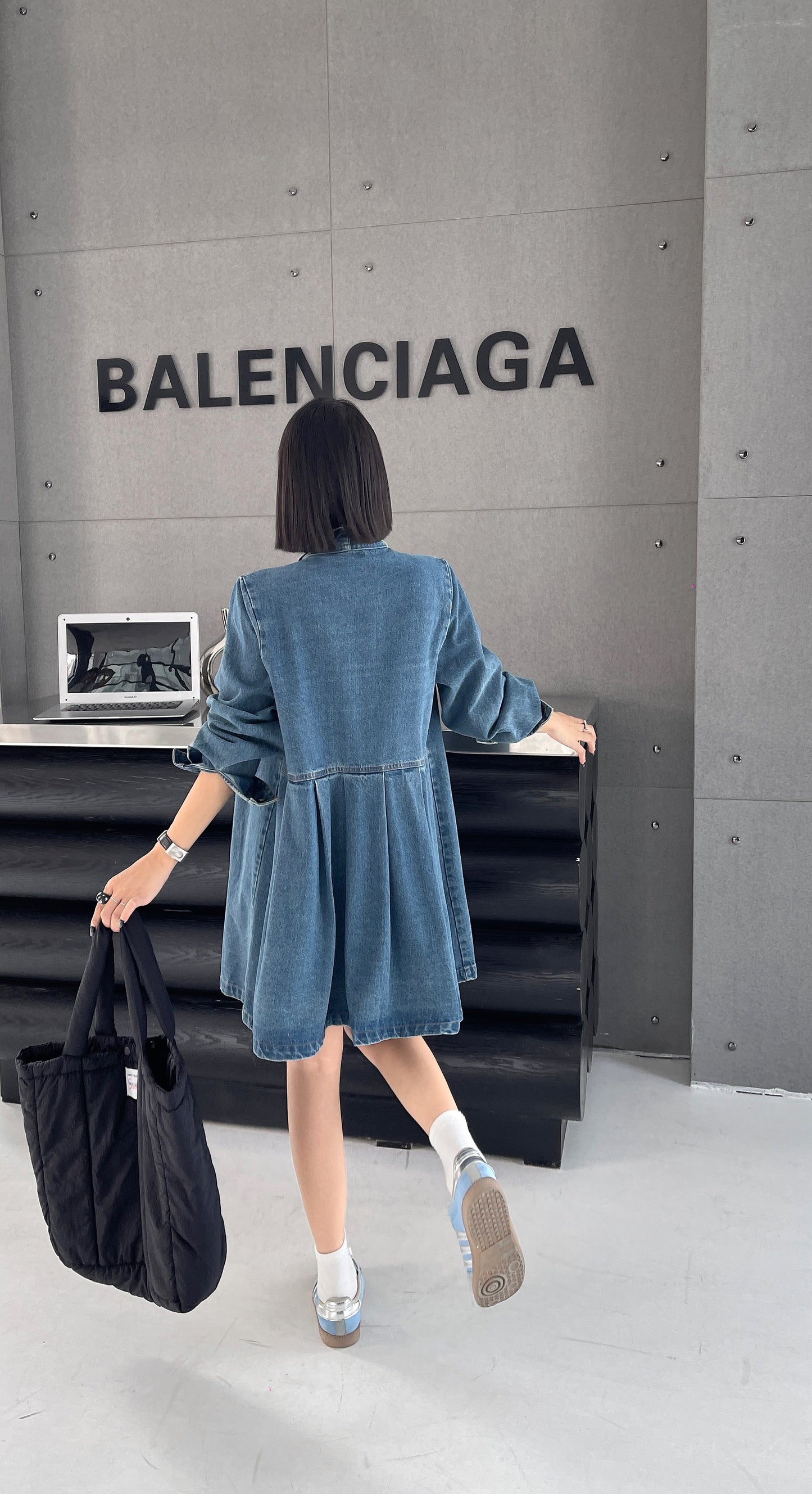 Shan Casual Denim Shirt Dress with Oversized Fit and Bow Neckline- Long Sleeve