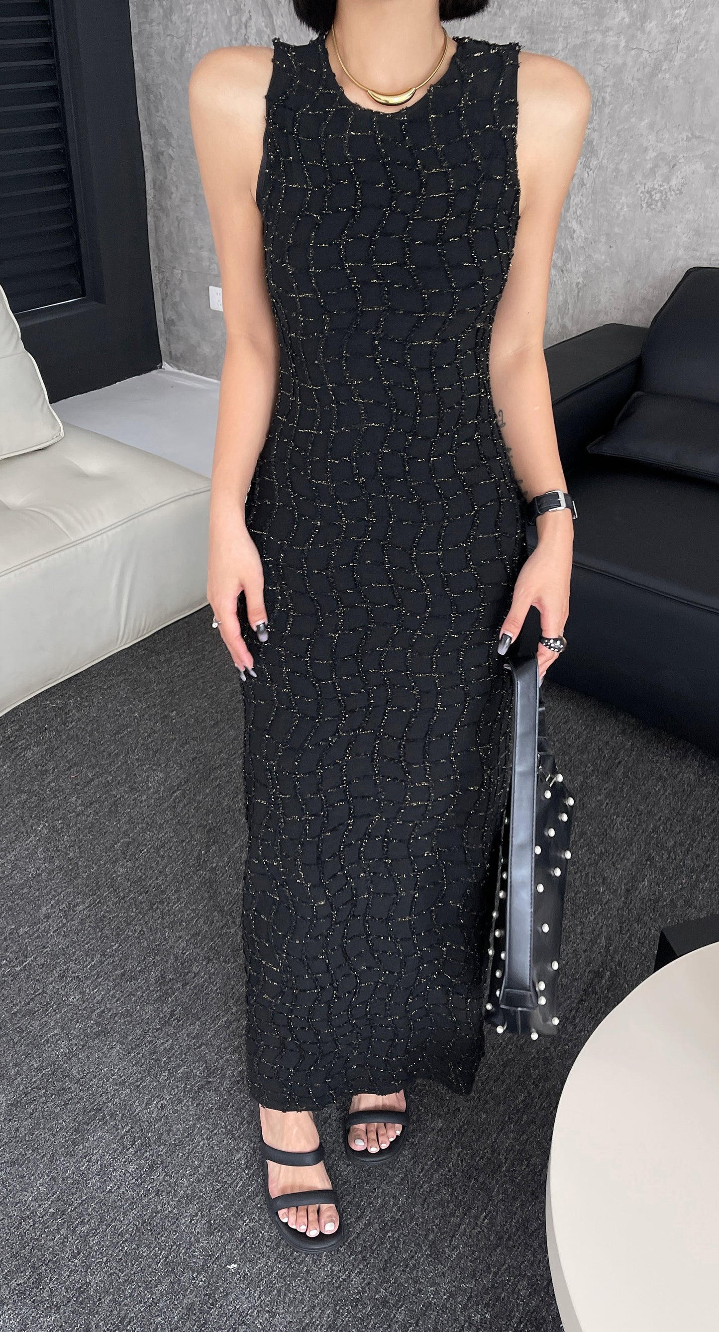 Sadler Sleeveless Textured Glitter Midi Dress - Black / Ivory