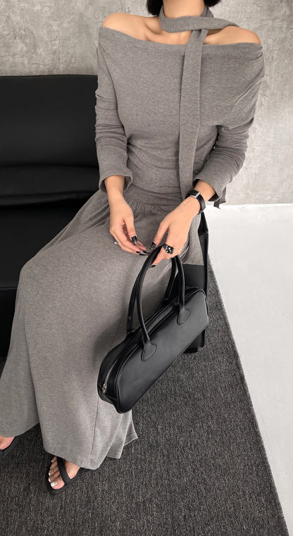 Sable Off Shoulder Cotton Dress - Black / Grey