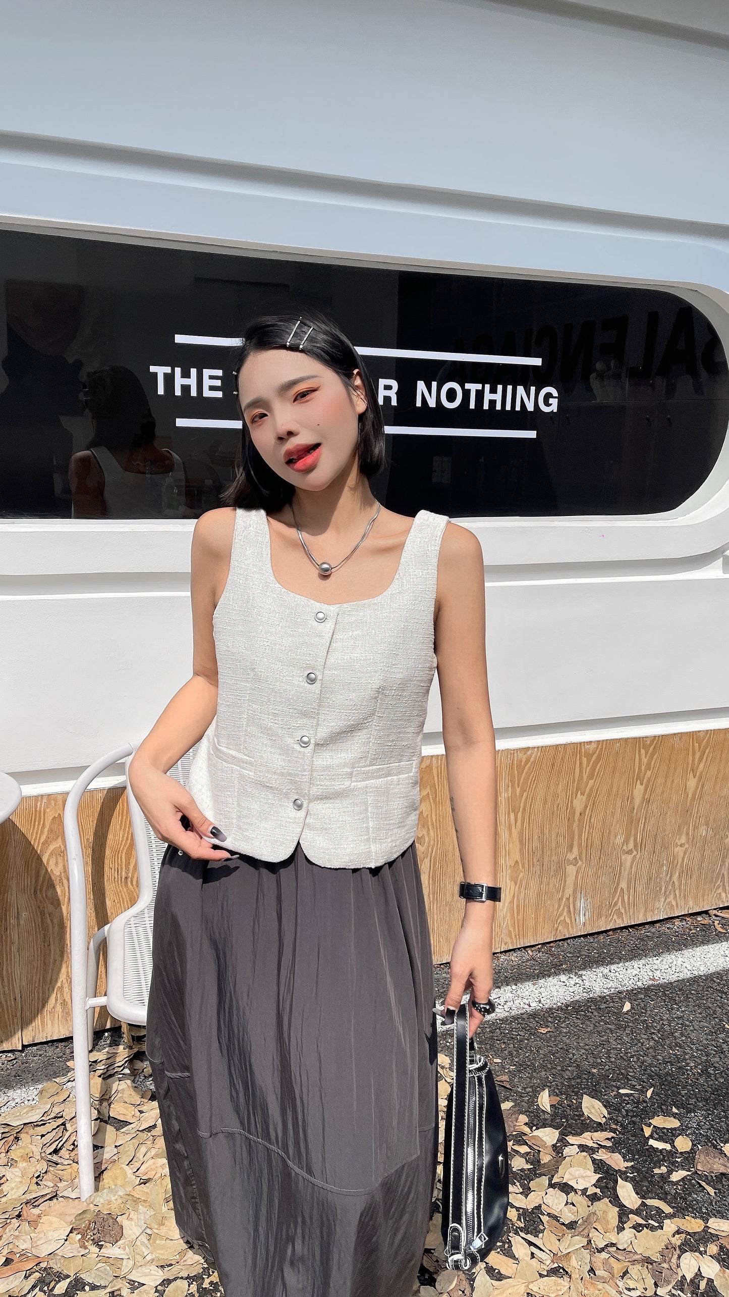 Sabri Structured Button Down Vest Top - White/ Grey