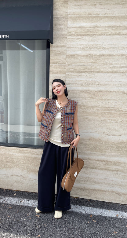 Sage Sleeveless Plaid Vest - Brown Earth with Denim Style